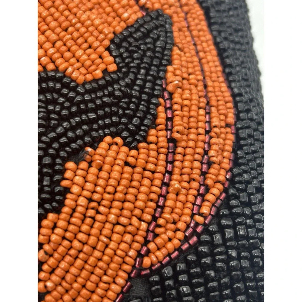 Beaded Jack O’Lantern Pumpkin Pillow 12x12 Handmade Halloween Decor Heavy